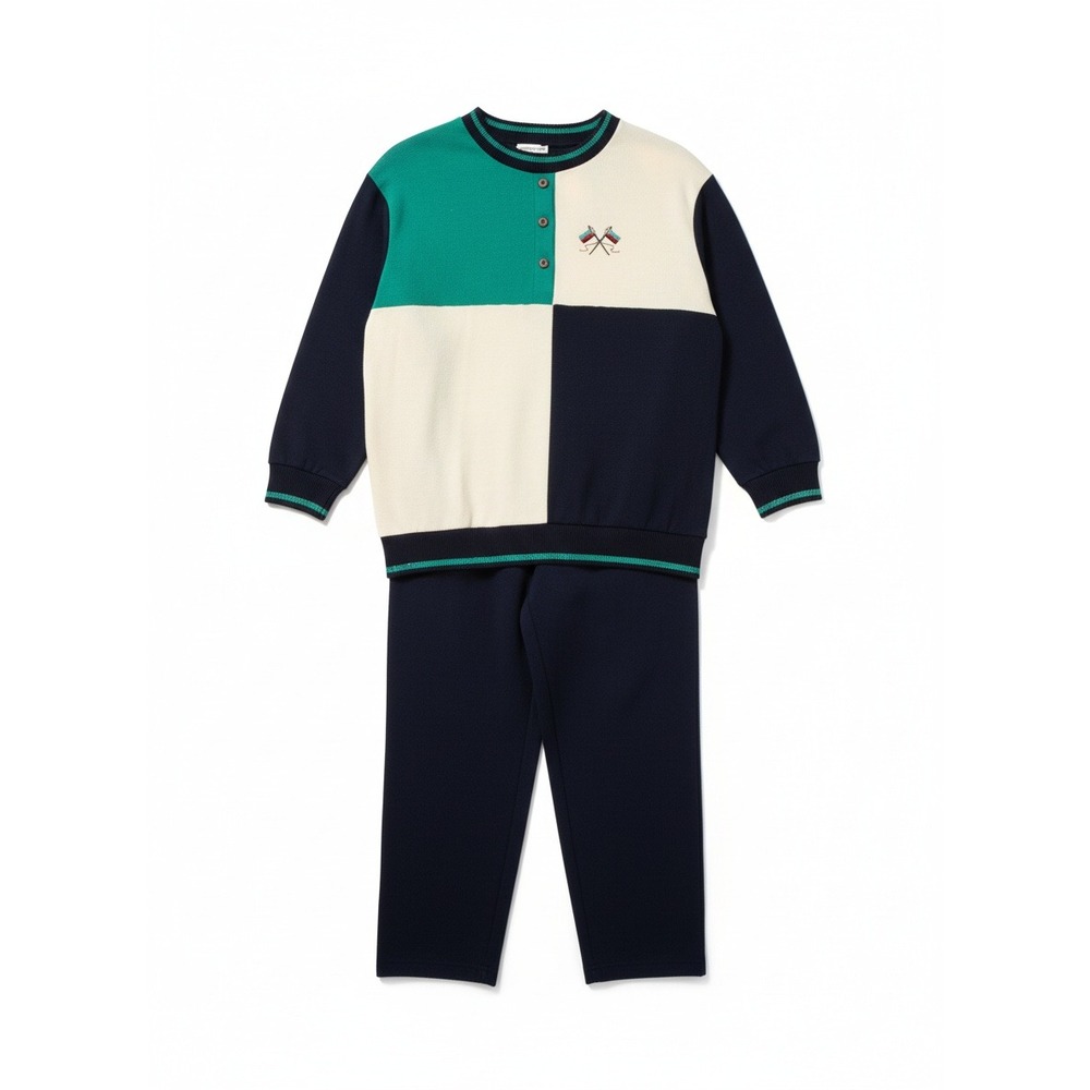 Cricket Lane Vintage‎ Colorblock Henley Top and Pants Set Navy Green Cream Large